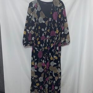 LANE BRYANTSIZE 24 SOFT FLOWY BLACK FLORAL PRINT SHEER  LINED DRESS RUFFLED HEM